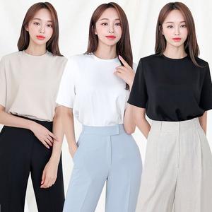 [더웨이나인]여성티블라우스 여자 여름 라운드 블라우스 반팔 화이트 베이지 블랙 기본 실키 심플
