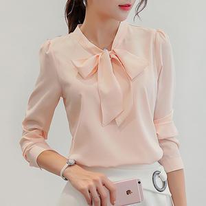 3991 여성 리본블라우스 정장 티셔츠 빅사이즈 레트로 라운드 브이넥 세일러 리본 쉬폰 프릴카라 베이직