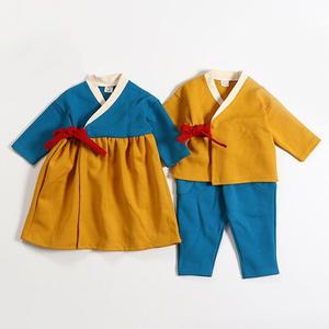 아동 유아 주니어 남아 여아 실용적인 양면 면소재 생활 한복 빛나 황금 세트