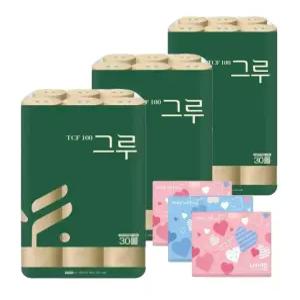 그루 오리지날 무표백 천연펄프 (리뉴얼 신상품)화장지 3겹 30m 30롤 3팩+여행용티슈 40매 3개
