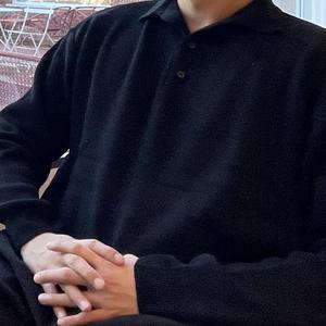 오버핏 니트 긴팔 카라티 검정색 남성 가을 상의 피케 간절기 직장인 단추 기본 무지 니트티셔츠 블랙