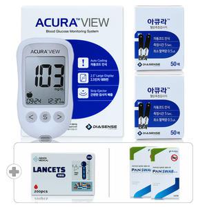 아큐라 뷰 당뇨 검사 혈당계 시험지 세트[혈당측정기+측정지 100매+침 210개+솜 200개] 플러스
