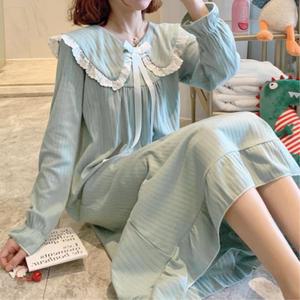 소녀풍 레이스 카라 여자 잠옷 면스판 롱원피스 5칼라