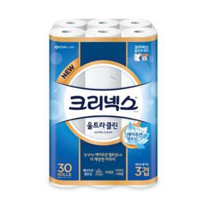 크리넥스 울트라클린 비데 3겹 화장지 30롤 1팩 물에잘녹는 무형광 두루마리 휴지