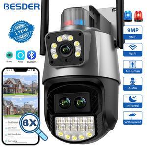 BESDER 9MP PTZ IP 카메라 Wifi 8배 디지털 야외 듀얼 스크린 AI 자동 추적 무선 iCSee