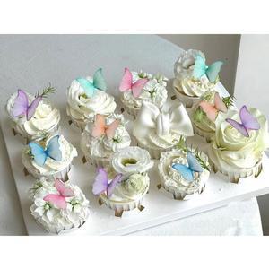 Weraru 48Pcs 식용 웨이퍼 종이 나비 컵케이크 토퍼 퍼플 핑크 그린 케이크 장식 혼합 색상