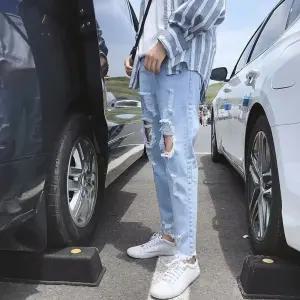 남성 유행각 일자핏 청바지 퍼 진 슬랙스 9부 여름 조거 팬츠 찢청 배기 OOTD2