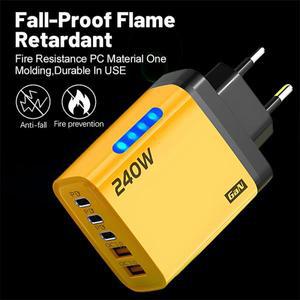 LED 조명이있는 240W GaN 고속 충전기 2USB + 3Type-C iPhone 용 멀티 포트 전화 헤드 Samsung Huawei Xiao