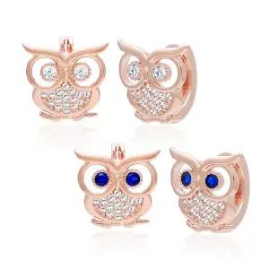 [아우트]큐빅 부엉이 원터치 로즈골드 귀걸이 14K