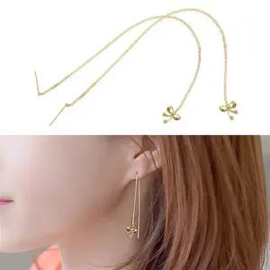 14K GOLD 리본 롱 체인 드롭 금 귀걸이