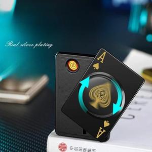 메탈 포커 카드 USB 충전 라이터 방풍 텅스텐 와이어 회전 감압 흡연 액세서리 남자 수집