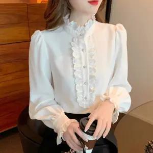 목 프릴 블라우스 셔츠 긴팔 화이트 레이어드 여성흰남방