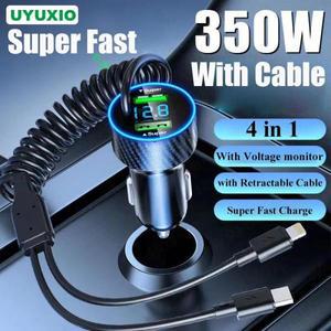 차량용 초고속 USB C 휴대폰 충전기 어댑터 LED 전압 모니터 개폐식 케이블 아이폰 15 14 삼성용 4 인 1