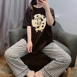 쉬블림로브 (반팔+긴바지) 여성 체크 젖소 카우 캐릭터 꿀잠 홈웨어 파자마 잠옷 세트 GGWD0235