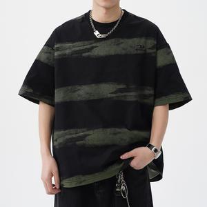 제이피엠 남자 반팔 스트라이프 티셔츠 타이다이 프린트 여름 반팔티 루즈핏 오버핏 라운드넥 순면 TZ205