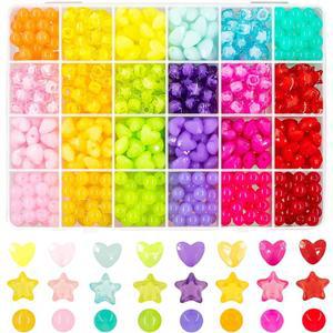 560Pcs 캔디 컬러 파스텔 비즈 아크릴 하트 비즈 스타즈 알록달록한 포니 비즈 원형 비즈 귀엽고 느슨한 플라스틱 비즈 벌크 주얼리 만들기 DIY 공예 목걸이 무지개 팔찌(젤리 컬러 비즈)
