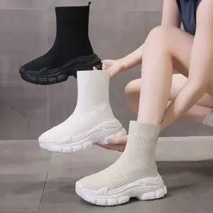 아이위크 봄 가을 여자 니트 삭스 앵클 숏 부츠 여성 슬립온 굽5cm 225-250mm