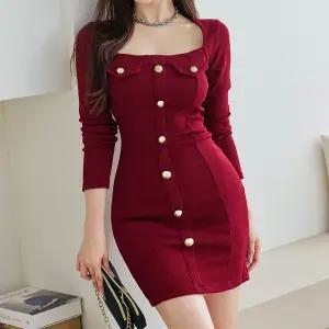 채핏 레파 골지단추 원피스 섹시 글램 미니 ops 버튼 스퀘어넥 h라인 긴팔 홀복 파티룩 클럽룩
