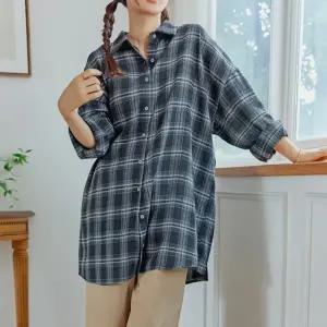 체크 오버핏 박스 카라 남방 긴팔 여성 빅사이즈
