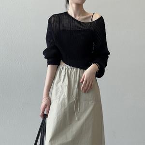 여성 여리여리 썸머 커버업 보트넥 루즈핏 그물니트티 크롭 시스루 긴팔니트 블랙 화이트 CH183