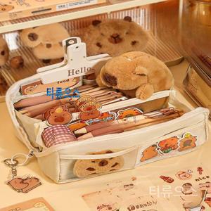 귀여운 카피바라 캐릭터 180도 오픈형 필통 - 대용량 문구 다꾸 스티커 샤프6개 세트