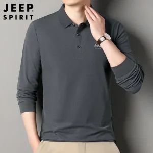 JEEPspirit 남성 가을 겨울 와플 카라 티셔츠 카라넥 캐주얼 자수 디자인 긴팔 티