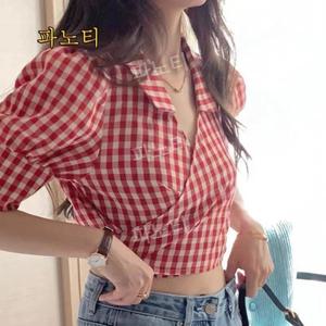 최화정체크셔츠 여성 레드체크셔츠 빨간체크 남방 반팔 블라우스