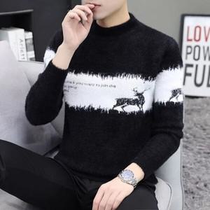 남성 겨울 배색 밍크털 반폴라 기모 니트 스웨터 벨벳 긴팔 쭉 티셔츠