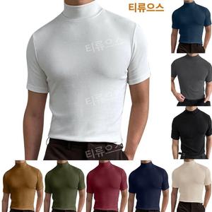 남자 목폴라 티셔츠 반팔 셔츠 슬림핏 반목 티 티류으스