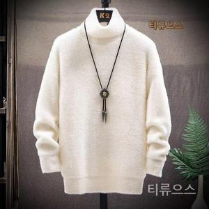 남자소라색니트 목폴라 부드러운 페이크 앙고라 스웨터 반목 파란색 모헤어 티류으스