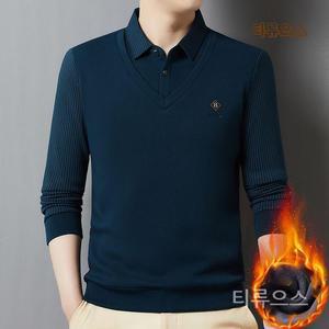 옷깃 긴소매 티셔츠 패션 한국 중년 캐주얼 남성베이스 셔츠 기모 두꺼운 가을과 티류