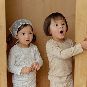 [키키스토리] 도트 아이보리/브라운 아기 내복 긴팔 가을 유아 아동 내의 실내복