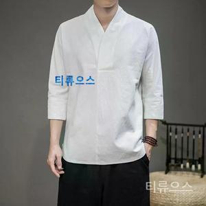 남성캐쥬얼반팔티 여름 차이나 면린넨 칠부 소매 브이넥 티류으스