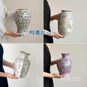 최화정 화병 꽃병 손으로 그린 파란색과 흰색 도자기 장식품 복고풍 유럽식 티류으스
