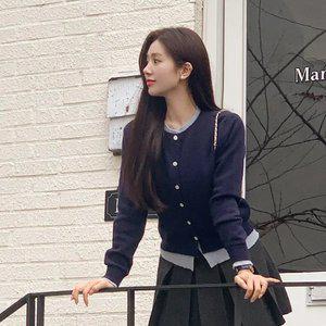 (브랜드퀄리티/레이어드한듯) 키브 버튼 배색 레이어드 라운드 가디건 cd3286