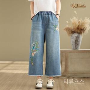 티류으스 여자 자수청바지 허리밴딩 와이드 데님팬츠 중년여성바지 9부