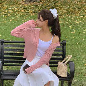 르네 소프트 골지 니트 가디건 봄 가을 데일리룩 데이트룩