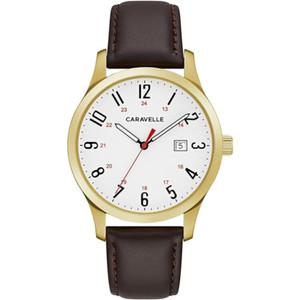카라벨 Caravelle by Bulova 전통 쿼츠 남성용 시계44B116 스테인리스 스틸 브라운 가죽 스트랩 골드 톤