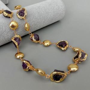 KKGEM 20x21mm 천연 보라색 자 수정 거친 너깃 전기 도금 된 가장자리 닦 구슬 랩 목걸이 23 