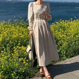 로헤나 핀턱 셔링 코튼 롱 원피스 봄 가을 데일리룩 데이트룩