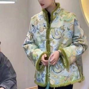 여성용 터틀넥 그린 재킷, 하이 엔드 로우 에지 스플라이스 코튼 코트, 프린트 겨울 의류, 패션