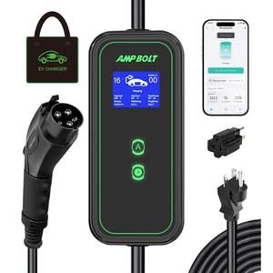 Ampbolt 레벨 1&2 휴대용 전기차 충전기 16Am 110-240V, 스마트 앱이 탑재된 충전기, 가정용 LCD 화면이 있는 차량 충전소, J1772 EV와 호환, NEMA 6-20, 5-15 플러그 지원