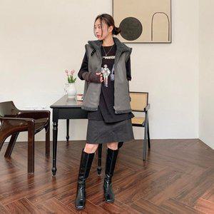 [옷자락]여자 가을 카라넥 레더 가죽 버클스트랩 무스탕 조끼_P350138367