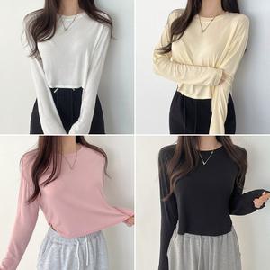 3XL까지 빅사이즈 레귤러핏 말랑쫀득 스판 밑단 라운드 크롭 긴팔티셔츠(234)데일리 캐주얼 밑단굴림 군살커버 홈웨어 봄가을 무지 기본티셔츠 간절기 운동복 요가복