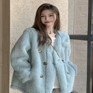 셀_여성 긴 모피 코트 양털 인조 레이크 블루 밍크 융털 일체 여 겨울 도톰 박시 하프 브이넥 패딩