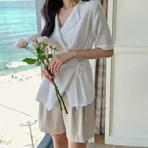 핫핑 듀이 핀턱 반팔 랩블라우스