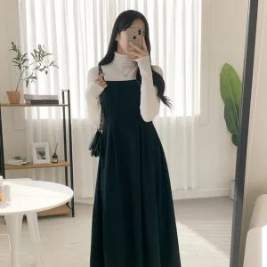 [블랙러브#자체제작]슬릿 끈 나시 뷔스티에 롱 원피스