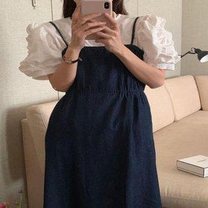 G125689 뷔스티에 서스펜더 청원피스 데님원피스 비치 (WFGJFWX)