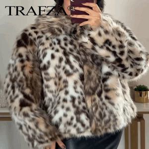 TRAFZA 여성용 라펠 긴팔 사이드 포켓 캐주얼 코트 인조 모피 루즈 슬림 따뜻한 겨울 레오파드 무늬