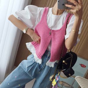 요미 오픈클로징 배색 레이스 레이어드 크롭 니트조끼 뷔스티에 (4color)